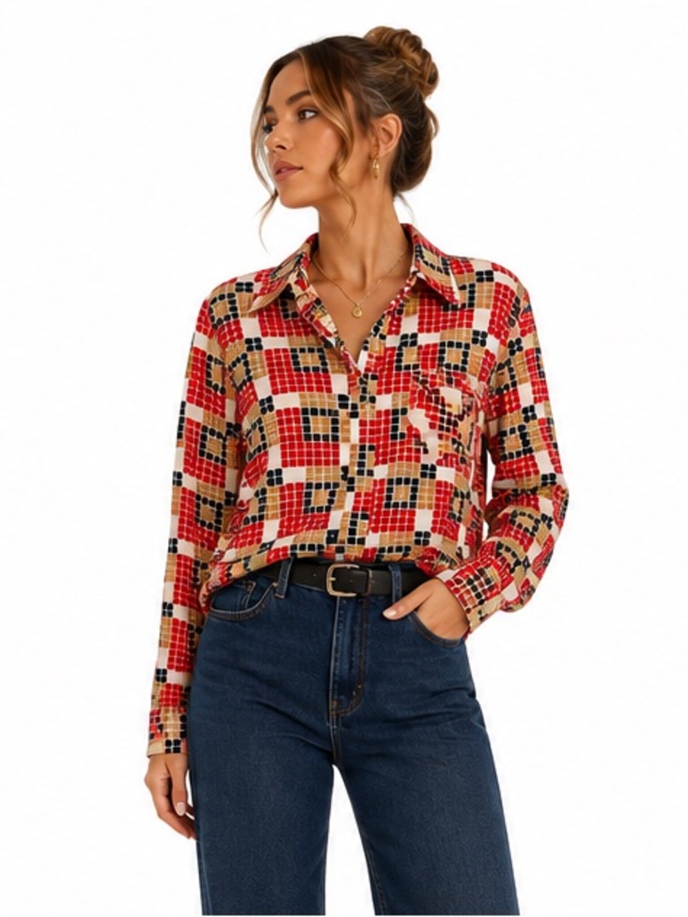 Vintage Pariani 70s Geometric Mod Button Up Shirt Size Large Retro Disco